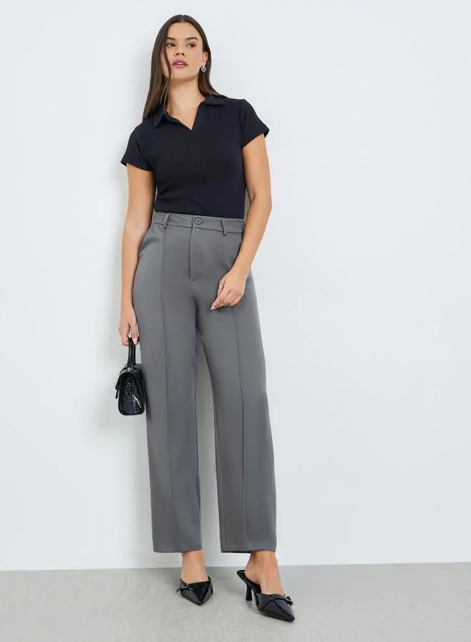 Take Two Grey Solid Straight Fit Trousers